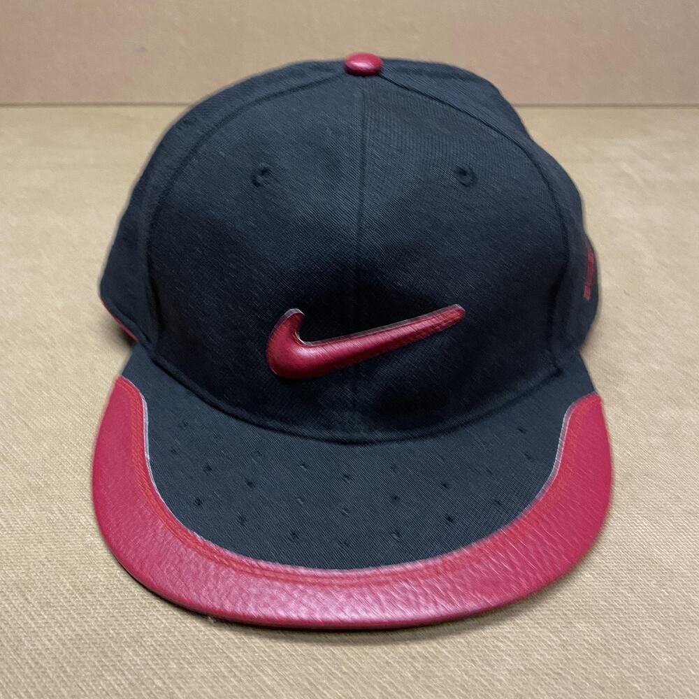 Nike Hat Cap Fitted Mens 7 3/4 Black Red Leather Brim Raised Swoosh Embroidered